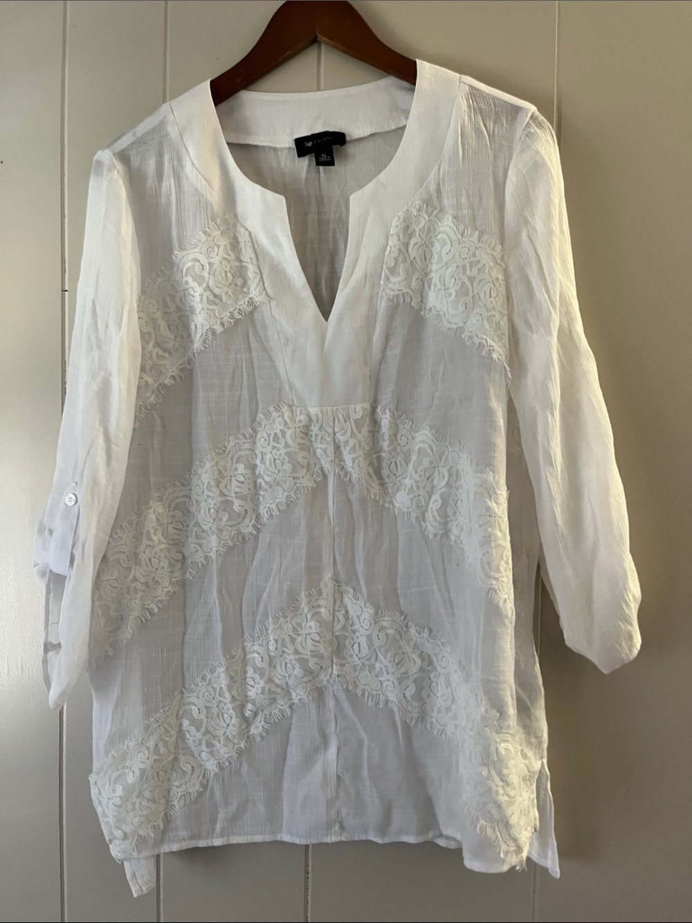 AB Studio White Lace Panel V-Neck Tunic